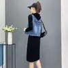 Abiti da lavoro Abito autunnale da donna Gilet di jeans Abito con cappuccio Studente casual Nero Blu BF Set di due pezzi Donna