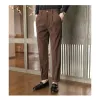 Британский стиль Мужчины с высокой талией Повседневные брюки Dr Мужские пояса Дизайн Тонкие брюки Формальные офисные социальные Свадебная вечеринка Dr Костюм Брюки 85kP #