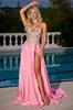 Jolies robes de bal en dentelle florale rose une ligne bretelles spaghetti Corset dos robes de soirée formelles sexy côté fendu balayage train femmes deuxième réception robe de soirée CL3413