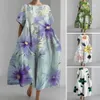 Aline Dress Bohemian Style Floral Printed Midi for Women Loose Round Neck Short Sleeve Soft Oversized Beach Travel Summer 240321