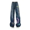 Y2K Print Denim Pants Women's Dasual Jaded High Street Dżinsy Kobiety Autumn London Loss Low Rise Prosty Spodery 220114