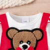 Conjuntos de roupas Bebê Menina 3 Peça Conjunto Manga Longa Romper Urso Bordado Apliques Patch Listrado Suspender Saia Red Bow Headband Outfits