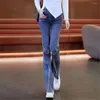 Jeans femininos cintura alta apertado encaixe retro cor contrastante retalhos diamante chifre rebarba elegante versátil