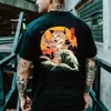 Carto anime samurai katt tryckt t-shirt för män utomhus hiphop harajuku vintage kläder casual o-hals lös kort ärm tees s9a0#