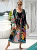 Bohemian Gedruckt Gürtel Kimono Plus Größe Batwing Ärmel Kleid Sommer Herbst Frauen Lose Beachwear Badeanzug Cover Up Sarong Q1 240315