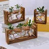 Vasos transparente coração vaso com suporte de madeira desktop plantador de vidro para hidroponia planta vaso de flor mesa casa bonsai decoração