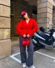 2024 Fashion Red Cropped Płaszcz dla kobiet Elegancka V Neck Single Breasted Kurtka Ladies Full Sleved High Street Owezyjna odzież 240311