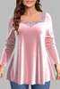 Plus -storlek Casual Pink Velvet Sequin Patchwork Square Neck Blus Lång ärm Topps Lady Elegant Spring Autumn Party Clothing 240321
