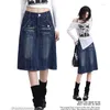 Saias vintage mulheres denim saia streetwear casual a-line cintura alta jean estilo americano angustiado lavado workwear