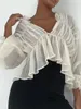 Camisetas para mujer Moda para mujer Primavera Verano Tops transparentes Manga larga Cuello en V Color sólido Camisetas fruncidas Agradable para la piel S M L