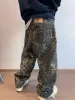 Tan Leopard jeans män denim byxor manliga överdimensionerade breda benbyxor streetwear hip hop vintage kläder förlorar avslappnad 46JV#