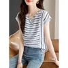 Dames blouses shirts zomerse zomer korte mouw temperamentkleding gestreepte contrasterende kleuren v-neck losse casual Koreaanse versie dunne tops otsyb