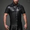 Men's T Shirts Mens Sexy Shiny Leather Shirt Short Sleeve Soft Tops Turn-down Collar Shaping Casual T-Shirt Plus Size