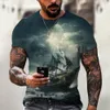 Vintage Men Ship T-shirts 3D Impresso Pirate Ship Crew Neck Camiseta de manga curta para homens Tops de grandes dimensões Camiseta Homme Camiseta X8Ot #
