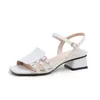 Klänningskor 2024 Fashion Elegant Peep-Toe Non-Slip Women Soft Pu Leather Square Heel Summer Sandals Buckle Strap Hollow Office