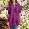Dames blouses lente zomer shirt los casual vaste kleur katoen linnen medium lange mode v nek single row knop blouse