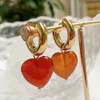 Exaggerated Natural Stone Heart Earrings Women 14k Golden Stainless Steel Thick Ear Loop Red Agates Pink Quartz Opal Crystal Earring size 15-16mm