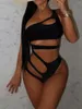 Damenbadebekleidung Sexy Hollow Out Bikini Set 2024 Frauen Schwarz Eine Schulter Bandage Badeanzug Sommer Badeanzug Hohe Taille