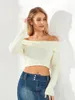 Женские футболки, женские вязаные укороченные топы с открытыми плечами, однотонный свитер с вырезом лодочкой и длинными рукавами, пуловер, повседневные базовые футболки