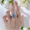 Anéis de cluster S925 Sier Ring 6/9 Blue Zircon incrustado Womens Design Sentido Europeu e Americano Moda Drop Delivery Jóias Otdcb