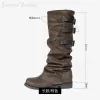 Stiefel Frauen plissierte Lederstiefel Schwarze Weichgürtel Knieschuhe Streifen sexy Mädchen flache braune Träger Frühling graue Sportschuhe