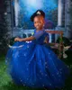 2024 Africain Blue Flower Girl Robes First Communion Robe Illusion Jewel Bread Flowers Flowers Tiered Tierre Birthday Party Robes pour les occasions spéciales