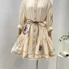 Casual Dresses Collection Self Tie Wave Belt Top Quality Cotton Beige Three Quarters Sleeve Buttons Frill Folds Women Mini Dress