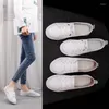 Zapatos informales, zapatillas de deporte de cuero genuino para mujer, zapatos deportivos de moda vulcanizados para mujer, zapatos planos de verano para mujer con cordones blancos 42