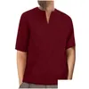 Mens T-Shirts T Shirts Summer Solid Color Tops Casual V-Neck Short Sleeve Loose Cotton Linen Ethnic Style Blouse Drop Delivery Apparel Otlrv
