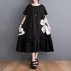 Party Dresses Floral Black Dress Summer Oversized Women Midi Loose Robe Large Casual Short Sleeve Vestidos Office Ladies Holiday Wear