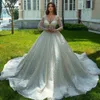 Великолепное кружевное бальное платье с v-образным вырезом, свадебное платье с длинными рукавами, украшенное бисером и жемчугом, цветочные принты, свадебные платья принцессы со шлейфом часовни