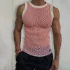 Homens Sexy See-through Malha Colete Top T-shirt Casual Malha Transparente Sleevel Top Colete Beach Muscle Men Super Cool Clothing 33 48yO #