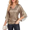 Camicette da donna Top scintillante Camicetta elegante con scollo a V impreziosita da paillettes per donna Elegante pullover con maniche a tre quarti con scava fuori da donna