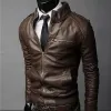 FI Herrmotorcykelskinnjacka Spring och Autumn Stand Collar Zip Aviator Jackets Male Slim Pu Syntetiska läderrockar 89QI#