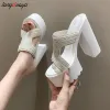 Slippers white platform sandals Open Toe Women Slippers Fashion Platform Concise Gladiator Party Shoes Female Square High Heels 13.5cm