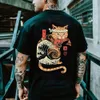 Carto anime samurai katt tryckt t-shirt för män utomhus hiphop harajuku vintage kläder casual o-hals lös kort ärm tees s9a0#