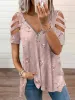 Women Summer Cold Shoulder V-Neck Zipper Printed Hollow Out T-Shirt Ladies Casual Loose Blouse Tunic Tops High Quality