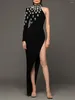 Casual Dresses Modphy Elegant Evening Party Sparkling Diamond Sexig en axel långärmad öppen ben design bandage klänning bodycon