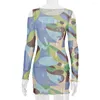 Casual Dresses AVV Summer Sexig Retro Multicolor Printing See-Through Mesh Dress for Women Full Sleeve Hollow Out Beach Cover-up Slim