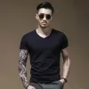 2024 Neue Männer Tops Tees T-shirt Reine Farbe Modal Cott Kurzarm T-Shirt Männlich V-ausschnitt Tops Bodenbildung Hemd k0Ob #