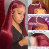 Aoque 99j Bury Front Pre Plucked 180% Density 13x4 Straight Hd Lace Frontal with Baby Human Hair Wigs for Women Red Wig 24inch