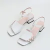 Klänningskor 2024 Fashion Elegant Peep-Toe Non-Slip Women Soft Pu Leather Square Heel Summer Sandals Buckle Strap Hollow Office