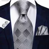 Gravatas de pescoço gravatas de luxo prata azul xadrez gravata de presente para homens gravata de casamento de seda handky abotoaduras conjunto de moda designbusiness festa hi-tie dropshipping y240325