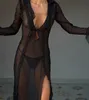 Модное женское длинное платье с длинным рукавом и V-образным вырезом в стиле пэчворк, прозрачное платье с разрезом для вечеринки, пляжные купальники, накидки S M L 240315