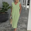 Abiti casual Elegante scollo a V in cotone e lino Abito lungo da donna Maniche volanti Festa allentata Fasciatura posteriore sexy Hollow Solid Maxi