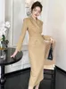 Elegant Professional Style Midi Dress Women Business Quality Double Breasted Long Sleeve Slit Robe Femme Office Lady Vestidos 240312