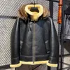 new Winter 2024 Men Genuine Sheepskin Shearling Leather Coat Pilot Jacket B3 100% Wool Liner Real Racco Hooded Black XXXXXXXL e6Qj#