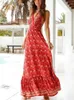 Robes décontractées GypsyLady rouge Boho Floral Chic Maxi robe licou col en V dos nu femmes été vacances fête sexy dames robes