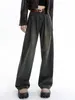 Kadınlar için Kot Gri Kadınlar Denim Pantolon Yüksek Belli Sokak Giyim Piled Sıradan Geniş Bacak Kore Moda Vintage Düz Mop