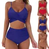 Dameszwemkleding Tweedelige bikini Cut-up kant Dames push-set Effen sexy badpak Hoge badkleding Tankini's Crop top en shorts voor tieners